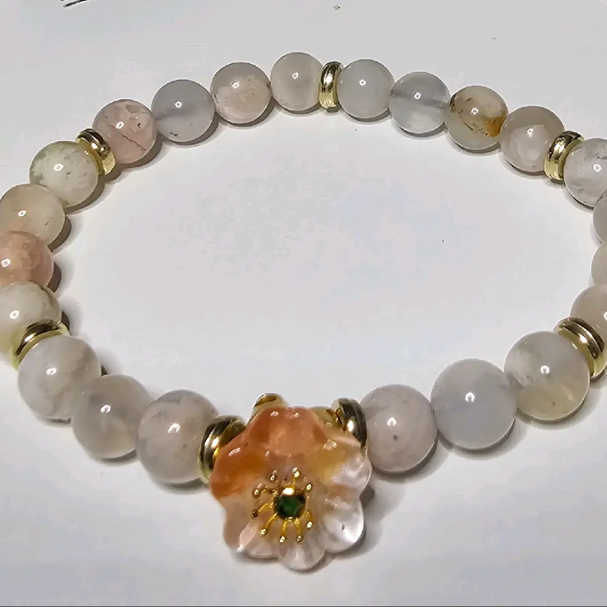 Natural Flower Agate Sakura Crystal Bracelet 8mm 7" stretch bracelet