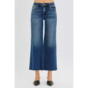 RISEN Full Size Mid Rise Crop Wide Raw Cut Hem Jeans Plus Size