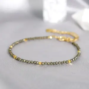 Pyrite 2mm Small Beads Adjustable Natural Tiny Beads Crystal Healing Bracelet for Women Men, Minimalist Dainty Bracelet for Stacking, Gift for her