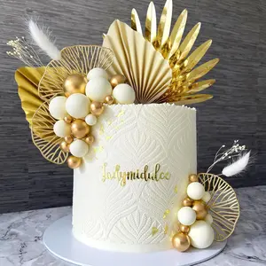 1 set Gold Cake Decorations, Palm Leaf Topper, White and Golden Cake Balls, Goldens Ginkgo Leaves for Weddings, Birthdays, Christmas, Boho Cake Decoration Party Supplies