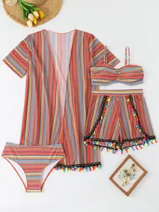 Women's Four-Piece Bandeau Bikini Set Vintage Bohemian Striped Fringe Cover-Up Beachwear Summer Vacation Style