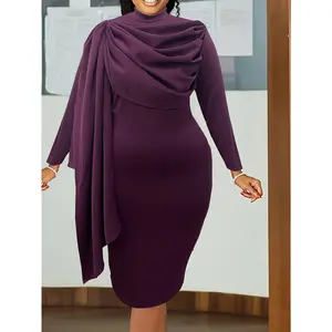 Elegant solid color patchwork folding O-neck pencil dress dress