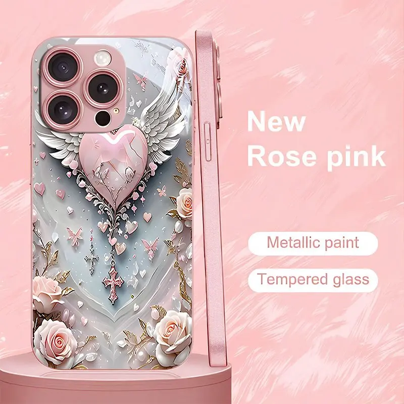 Angel wing heart-shaped pink rose cross print pattern phone case, fully covered with anti drop tempered glass protective case, phone accessories, suitable for iPhone 17/16/15/14/13/12/11/Pro/ProMax/Plus/Air/series, birthday gift, holiday gift