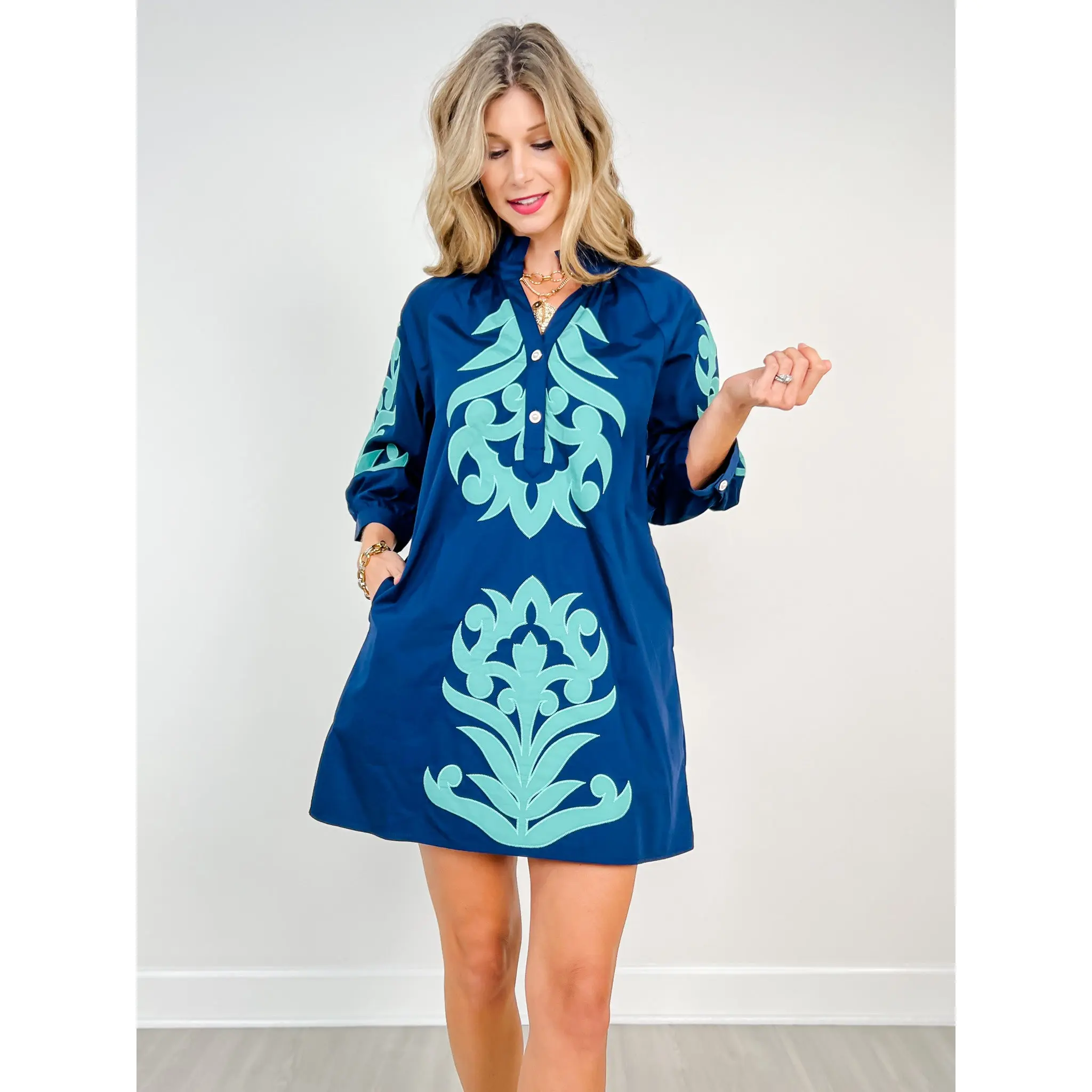 3/4 Sleeve Baroque Floral Applique Mini Shift Dress