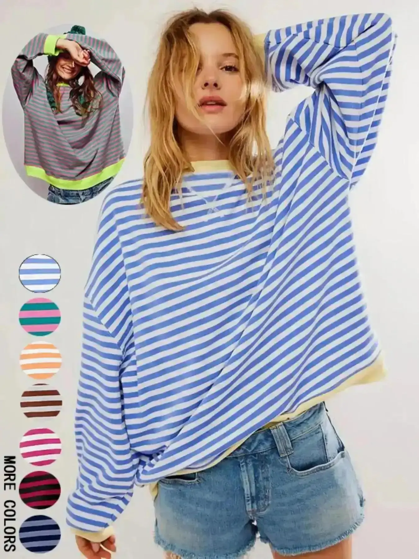 Women's Loose-Fit Baggy Casual Colorblock Striped Long Sleeve Knit Pullover, Fashionable All-Season Wear, Stylish Daily Sweatshirt, Womenswear, Knitwear, Tops, Basic, Outerwear, Versatile, Comfort, Style