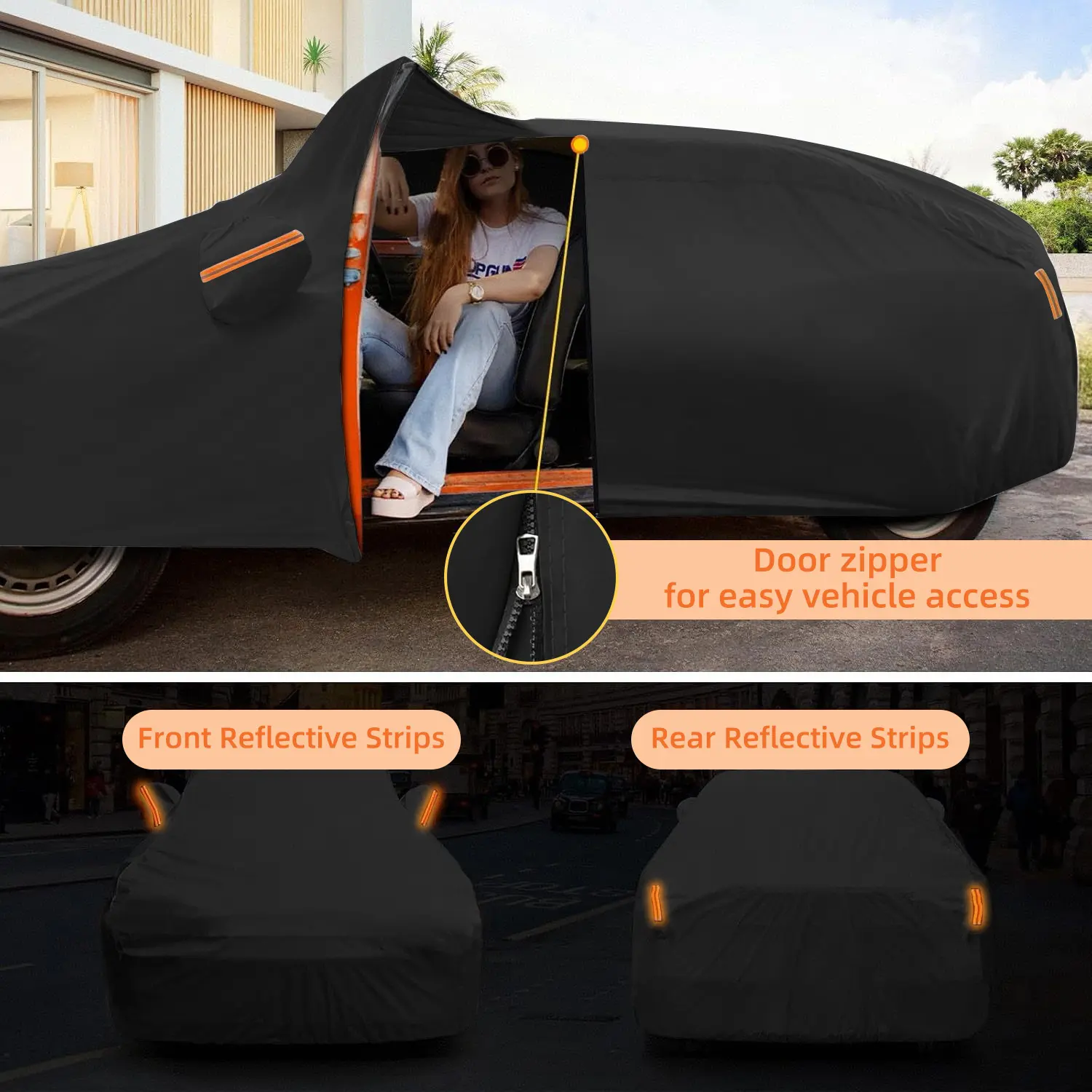 Universal Full Body Durable All-Purpose Car Cover - Easy to Open and Close Zipper Door, Waterproof, Dustproof, UV Protection, Scratch Resistant, Reflective Strips, for All-Weather Outdoor Parking & Garage Use, Durable Cover