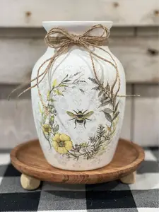 Rustic Farmhouse Jar, Honey Bee Wreath Jar Vase, Cottage decor, Decoupage Honeybee, Farmhouse Decor, Rustic Decor Flower White