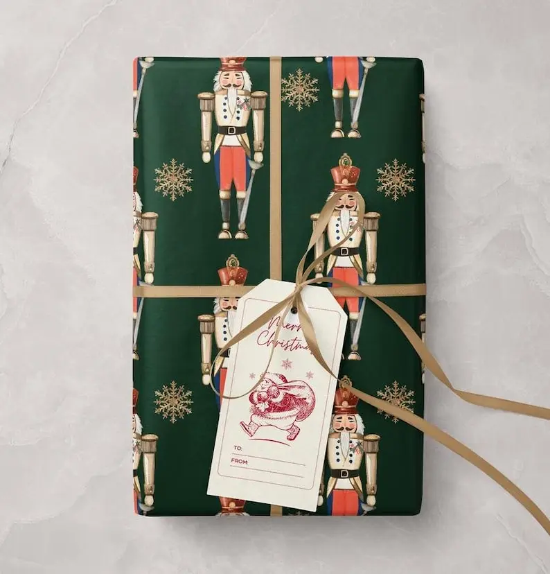 Christmas Nutcracker Wrapping Paper Roll Holiday Gift Wrap Festive Present Packaging Xmas Decor Paper Seasonal Present Wrap Green Gold Gift