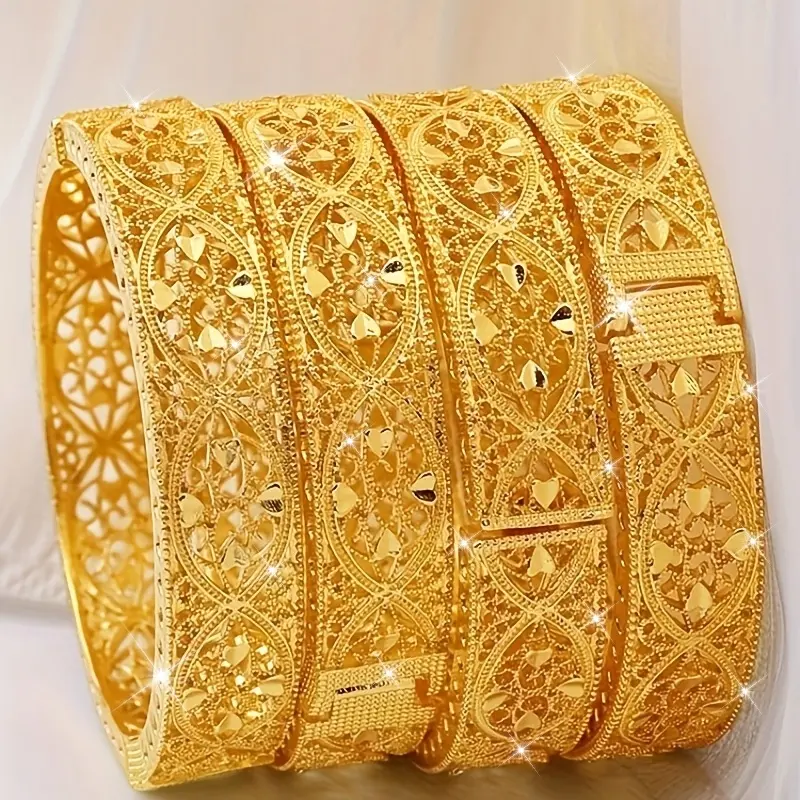 Women's Elegant Gold-Plated Bangles Set - 4-Piece Hollow Hearts Design Stack, Durable Keeps Its Shine Longer, Flexible Easy Slip, Matching Pairs, Heart Gift Symbol for Wedding & Valentine's Day, Elegant Bangle, Gold Bangles