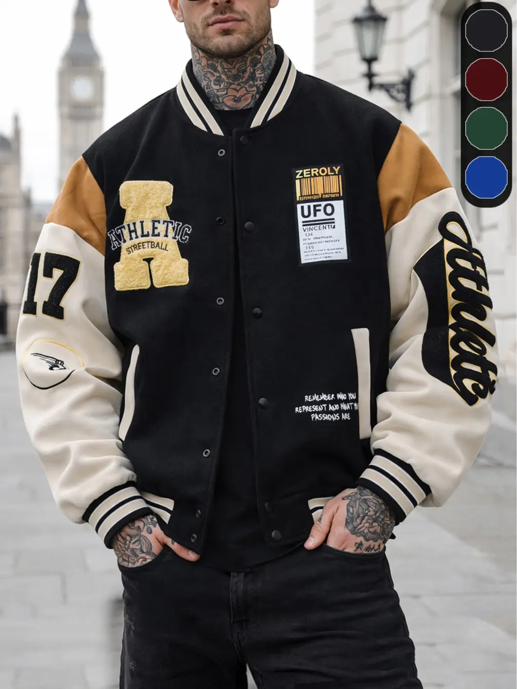 Men's Embroidered Varsity Jacket, Color Block Letter Patch Baseball Bomber Jacket, Casual Streetwear College Coat, Long Sleeve Button Front Jacket with Pockets, Retro Y2K Athletic Outerwear for Fall Winter, Everyday Urban Fashion, Loose Fit Menswear.
