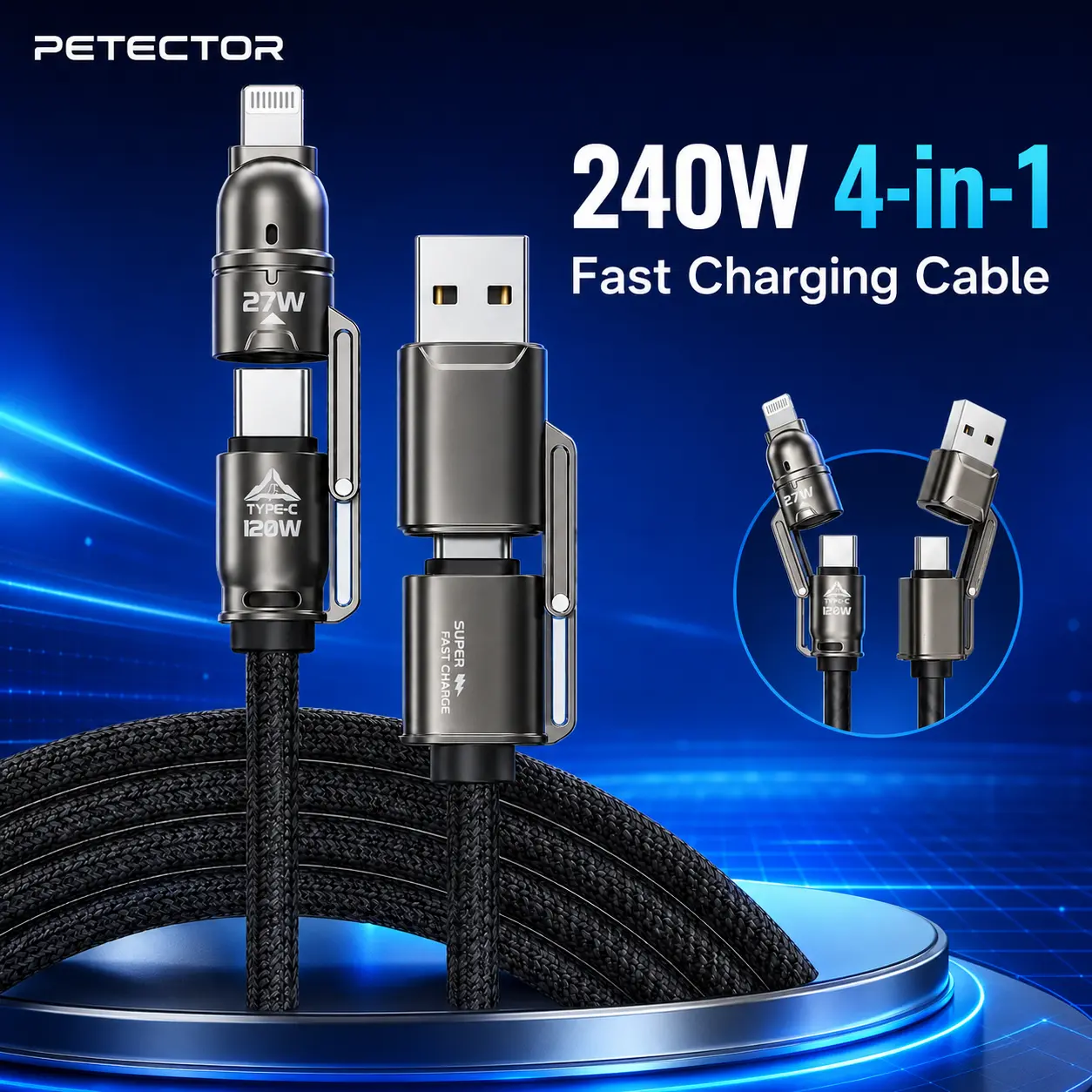 240W 4-in-1 Fast Charging Cable, USB-A and USB-C to USB-C and Lightning-Compatible Devices, Braided Multi-Device Charger Cord