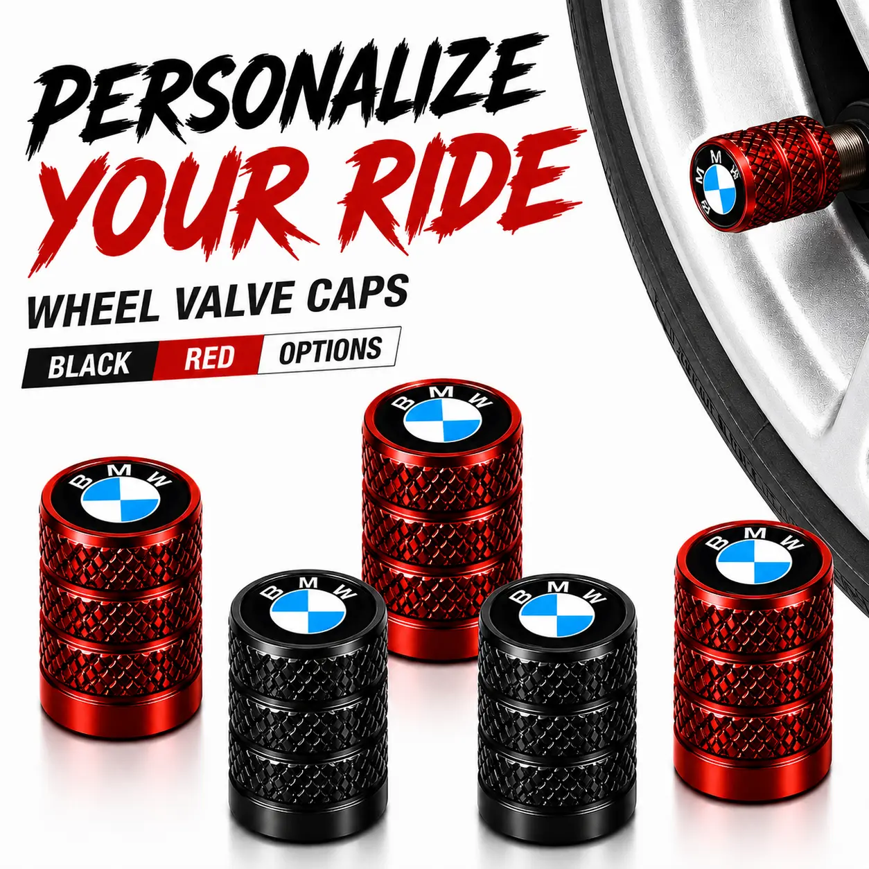 5 Pack BMW Logo Luxury Premium Knurled Aluminum Tire Valve Stem Caps, Rubber O-Ring Leakproof Waterproof Anti-Corrosion Dust Rust Proof, Fit 3 5 7 Series X1 X3 X5 X7 Sedan SUV Sports Car, Universal Schrader Valve Install TPMS Safe Auto Wheel Mod Decor