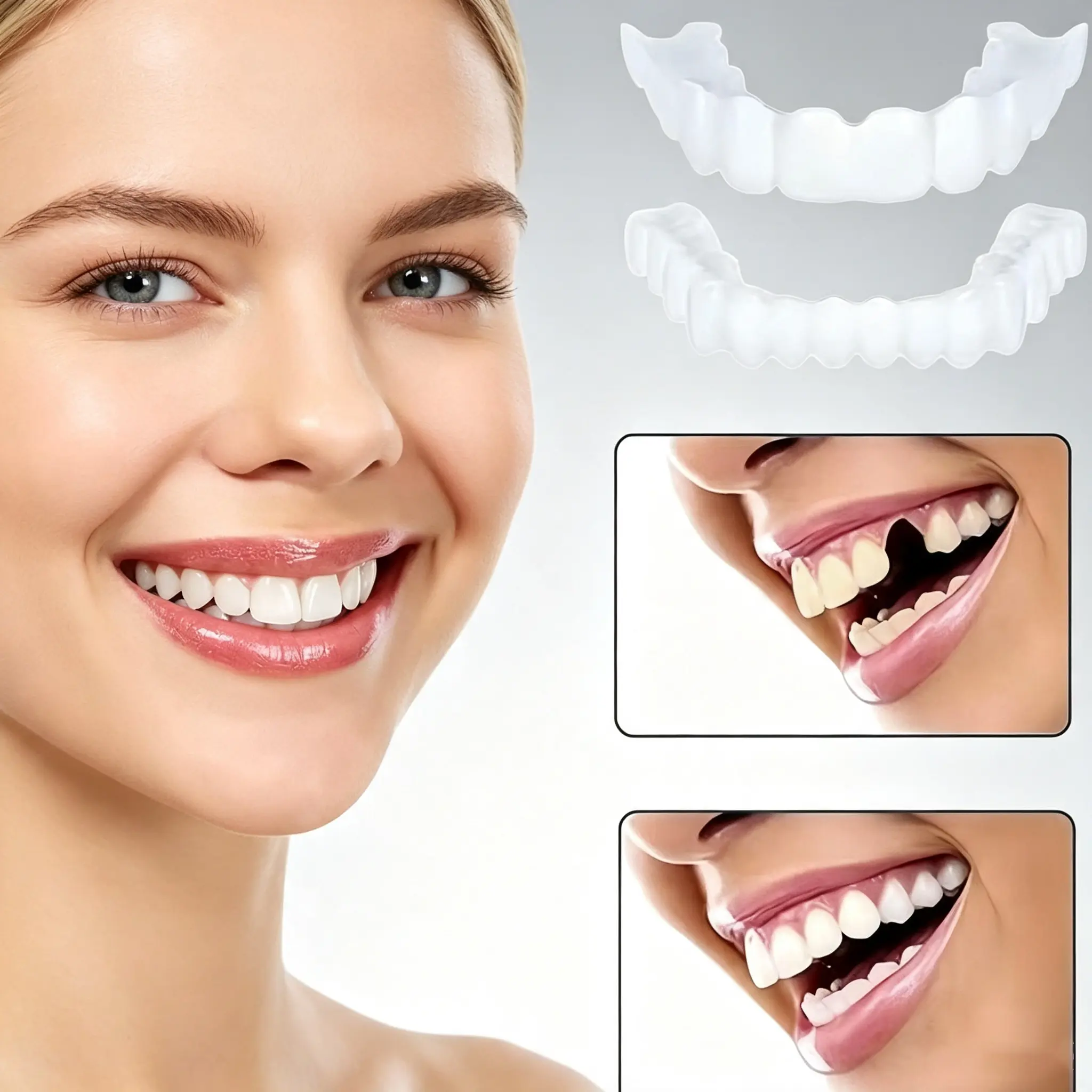 Oral Cosmetic Snap-On Smile False Teeth Set - 2-Pair Polypropylene Instant Veneers, Silicone Daily Whitening Covers, Clip-In Top & Bottom Dentures for Stain Coverage