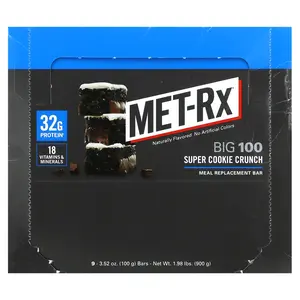 MET-Rx Big 100, Meal Replacement Bar, Super Cookie Crunch, 9 Bars, 3.52 oz (100 g) Each