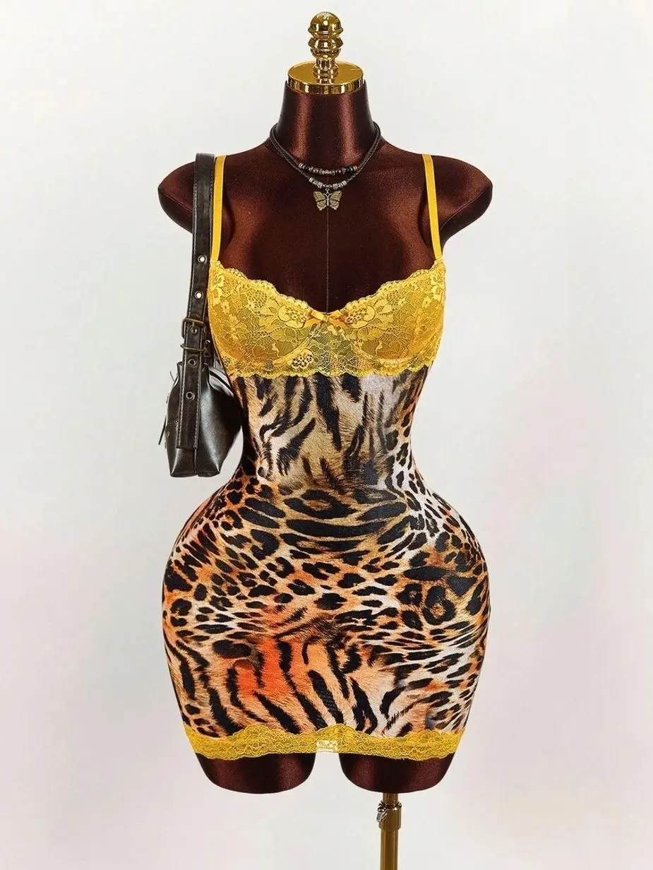 Y2K Amplova Leopard Print Party Yellow Lace Cup Detail Tropical Floral Mesh  Bodycon Mini Dress Cheetah Print Outfits Cheetah Print Two Piece Animal  Print Set - TikTok Shop