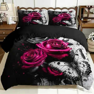 2/3 Pcs Comfortable Rose Butterfly Art Quilt Cover Set, Soft And Breathable, 100% Polyester Fiber High-Definition Digital Printing Design, All-Season Home Gift, Machine Washable (1 Quilt Cover +1/2 Pillowcase, No Filling)