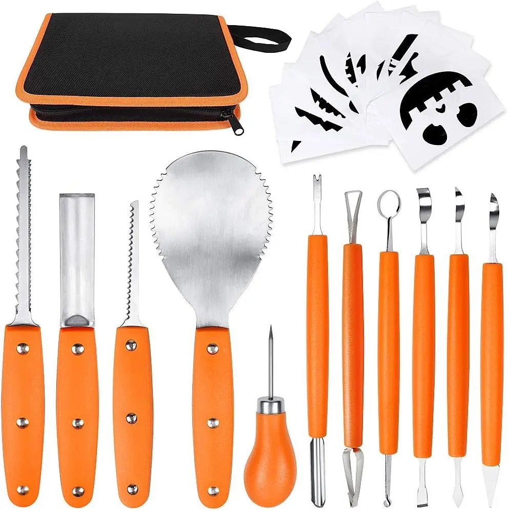 Professional Pumpkin Carving Kit, 11 Pieces Heavy Duty Stainless Steel Carving Tools for Halloween with Carrying Case and 10 Pcs Carving Templates - Orange