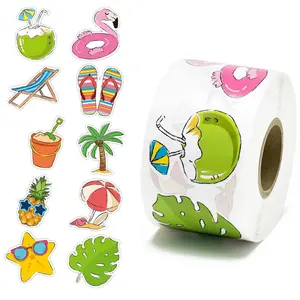 500-piece roll of beach-themed decorative stickers, adhesive coconut and pineapple stickers