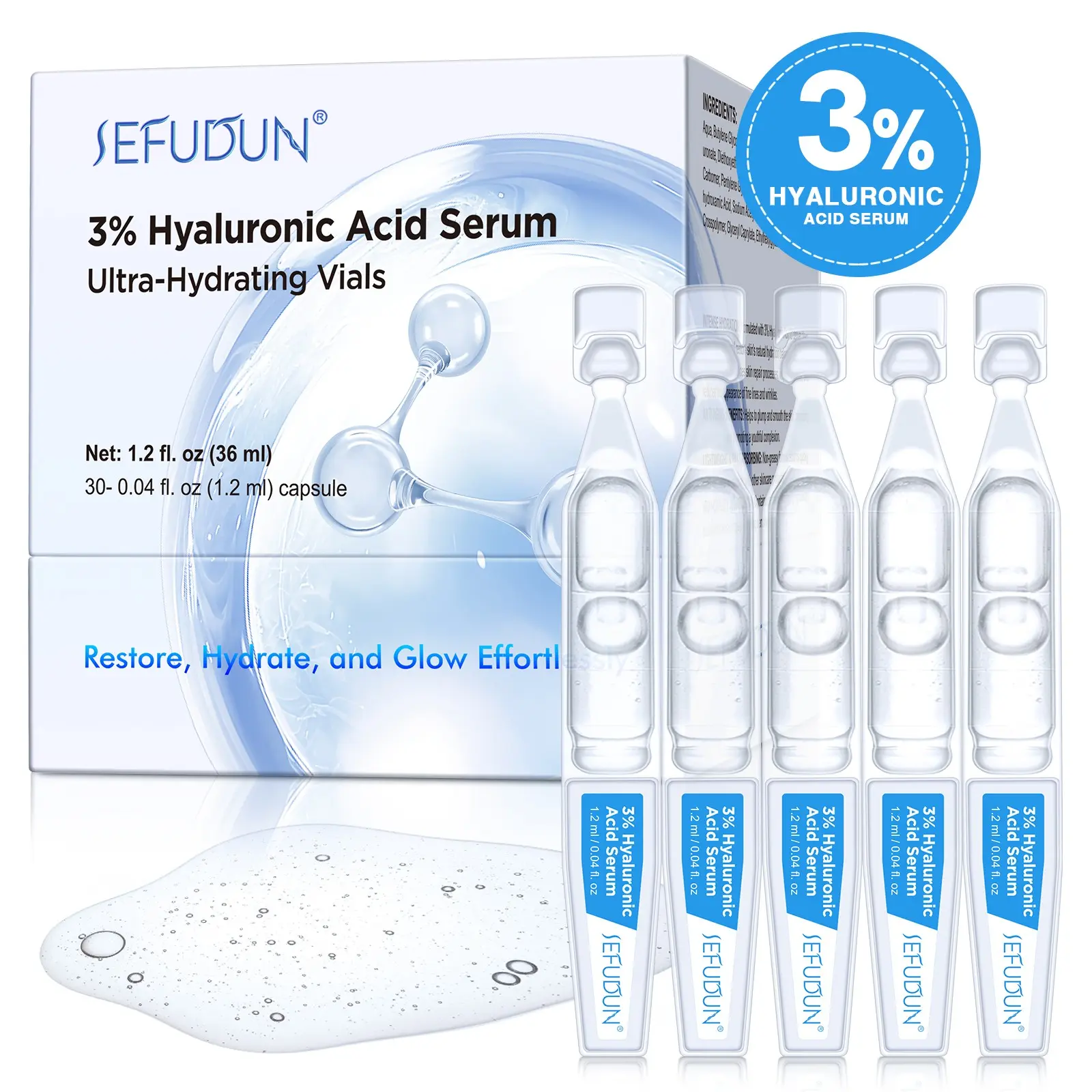 Sefudun 3% Hyaluronic Acid Essence Serums, 30 Singles Box, Essential Serum, Ultra Moisturizing, Hydrating, Skin Repair, Pre-Makeup Care, 1.2ML, Travel Friendly, Sensitive Skin, Hydrate
