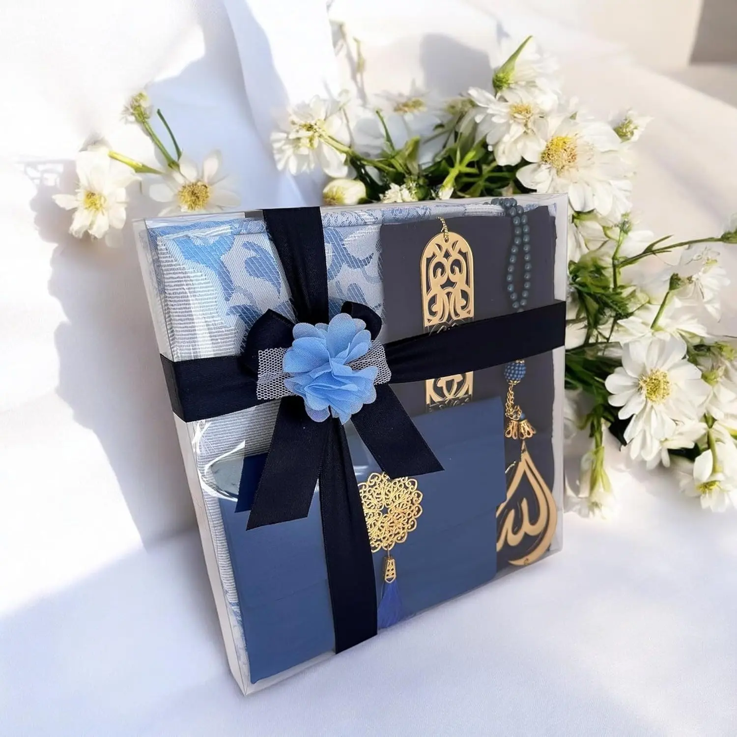 Muslim Prayer Rug, 7 in One  Set, Prayer Mat Surah Book, Tasbeeh, Scarf, Surah Case, Bookmark,  Mirror Hanger, Prayer Beads,Islamic  for Umrah, Hajj, Wedding, Janamaz (Blue)