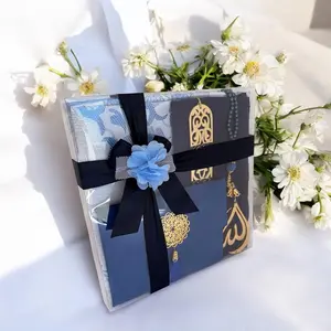 Muslim Prayer Rug, 7 in One  Set, Prayer Mat Surah Book, Tasbeeh, Scarf, Surah Case, Bookmark,  Mirror Hanger, Prayer Beads,Islamic  for Umrah, Hajj, Wedding, Janamaz (Blue)