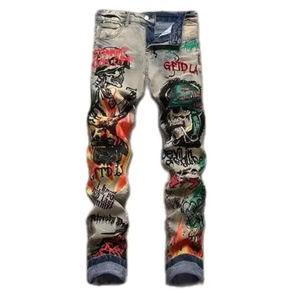 Slim-fit Stretch Ripped Embroidered Vintage Patch Jeans with Unique Graffiti Art and Distressed Look