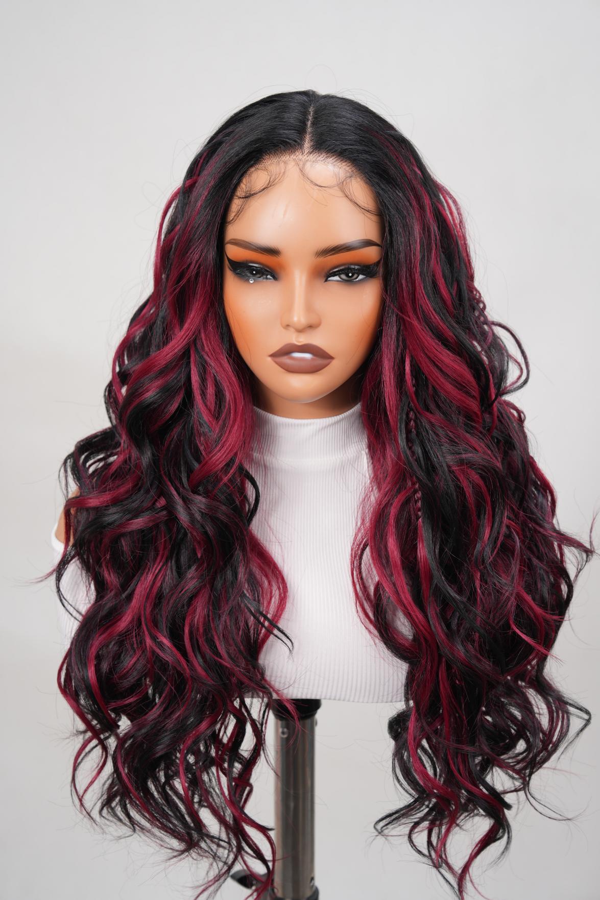 Noble 25 Inch Black & Red Ombre Braided Body Wave Wig