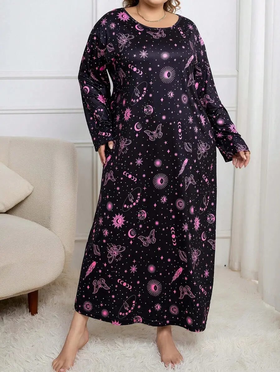 Plus Size Women's Casual Butterfly Print Sleep Dress , Skin Friendly, Long Dress, Moo Moo, Cozy Outfit, Fall & Winter