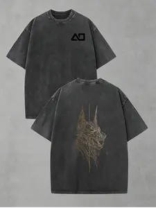 AOPLUS Original Side Profile Mechanical Doberman T-Shirt - Relaxed Fit Vintage Washed Black Cyberpunk Streetwear Tee