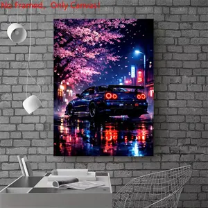 1 Piece/Set frameless canvas for home painting print poster,Luxury sports car art ，Sakura Drift R34 Car Cherry Blossoms， a perfect gift for cars loves, ideal gift for bedroom, living room, dorm hallway, kitchen, mural, wall decoration, room decor