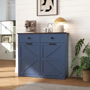 Bellemave Farmhouse Double Tilt Garbage Bin for 20 Gallon Trash Cans Hidden Drawers Barn Door Laundry Sorting Cabinet Space-Saving Durable Engineered Wood