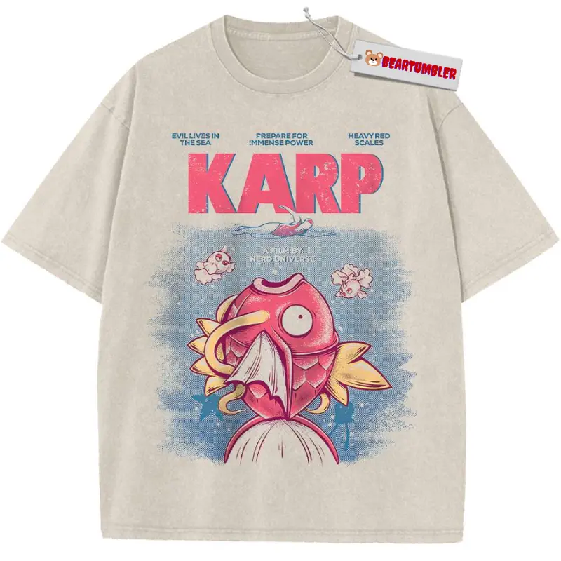Funny Magikarp Jaws Parody T-Shirt, PKM Anime Graphic Tee, Anime Shirt, Vintage T-Shirt, Retro 90s Anime Apparel, Nerd Gamer Clothing, Unisex Cotton Crewneck T-Shirt Menswear Womenswear Streetwear Top