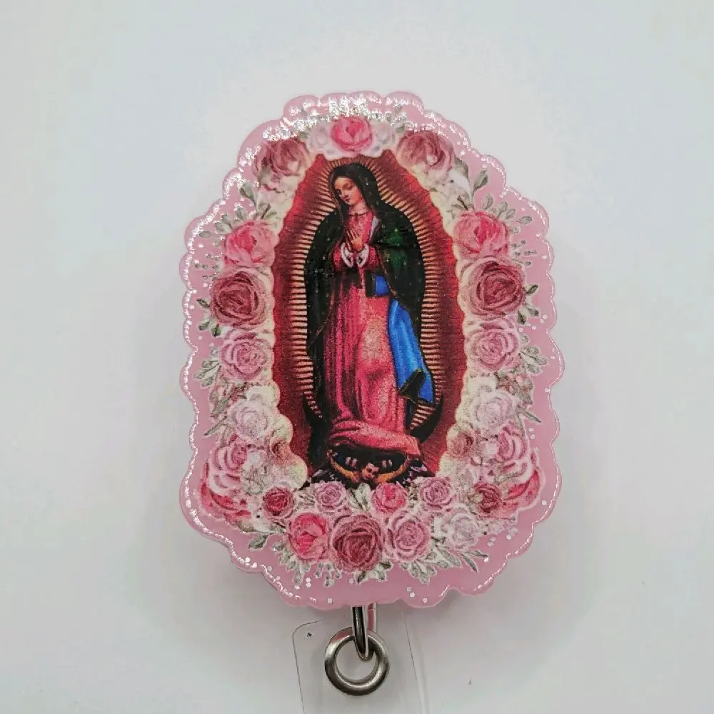 Virgencita Our Lady of Guadalupe Pink Acrylic Retractable Badge ID Reel Belt or Alligator Clip