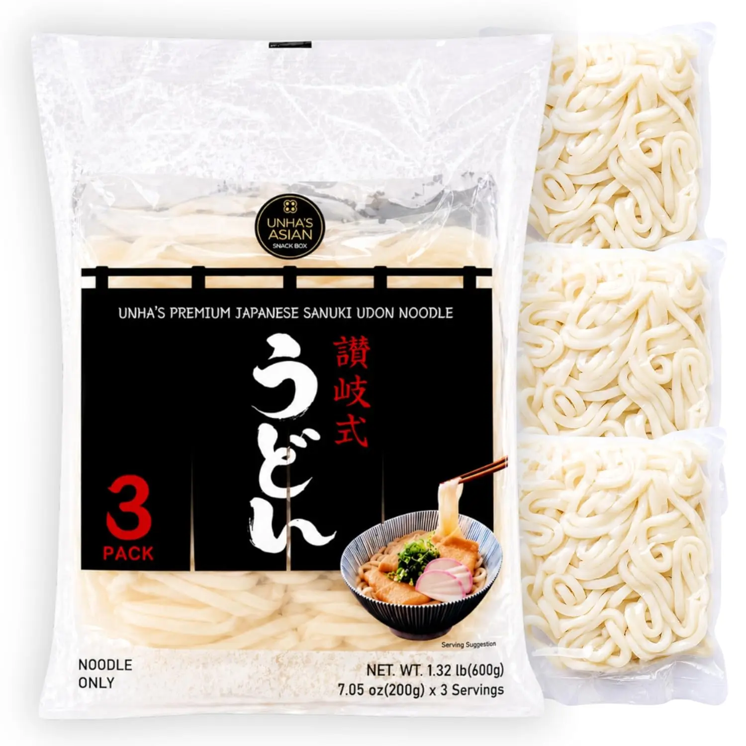 Japanese Sanuki Fresh Wheat Flour Udon Noodles - Unflavored, Jumbo Chewy, Korean Food, No Soup Included, Quick-Easy Room Temp Meal, All Ages, 22 oz (200g×3 Packs) Bag, Pantry Cupboard Essential, Jumbo Chewy Noodles