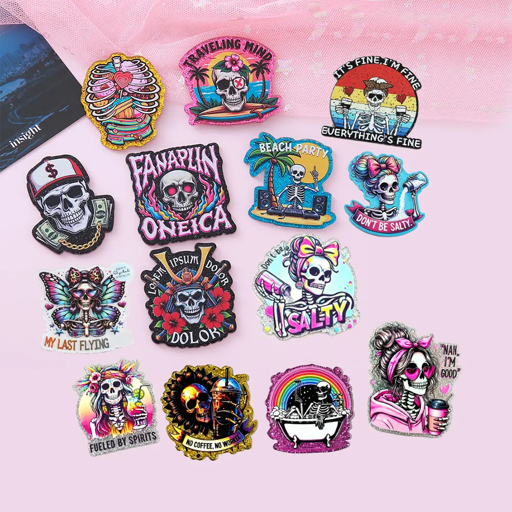 Skull-Themed Glitter Acrylic Flatback Beads Assortment - DIY Beading & Jewelry Making Accessories for Craft Projects, Badge Reels, Holiday Gifts, Bead Assortment