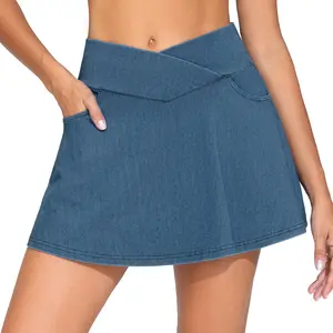 THE GYM PEOPLE Women's Cross Waist Jean Skorts Stretchy Ruffle Denim Skirts with 2 in 1 Shorts Pockets for Comfortable Wear