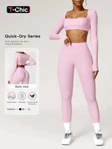 Women's Solid Long Sleeve Crop Top & High Waisted Yoga Bottoms Leggings Tracksuit Set, Sportswear Running Fitness, Sporty Quick-dry Outfits Workout Running Clothes for Yoga Gym, Ladies Sportswear Activewear for All Seasons, Athletic Activewear