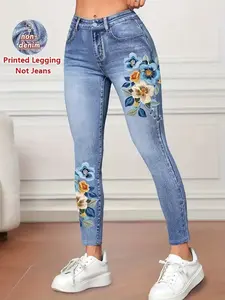 Women's Printed Skinny Jeans, Casual Fake Denim Style, Elastic Stretchy Material, All-Season Wear, Versatile Design