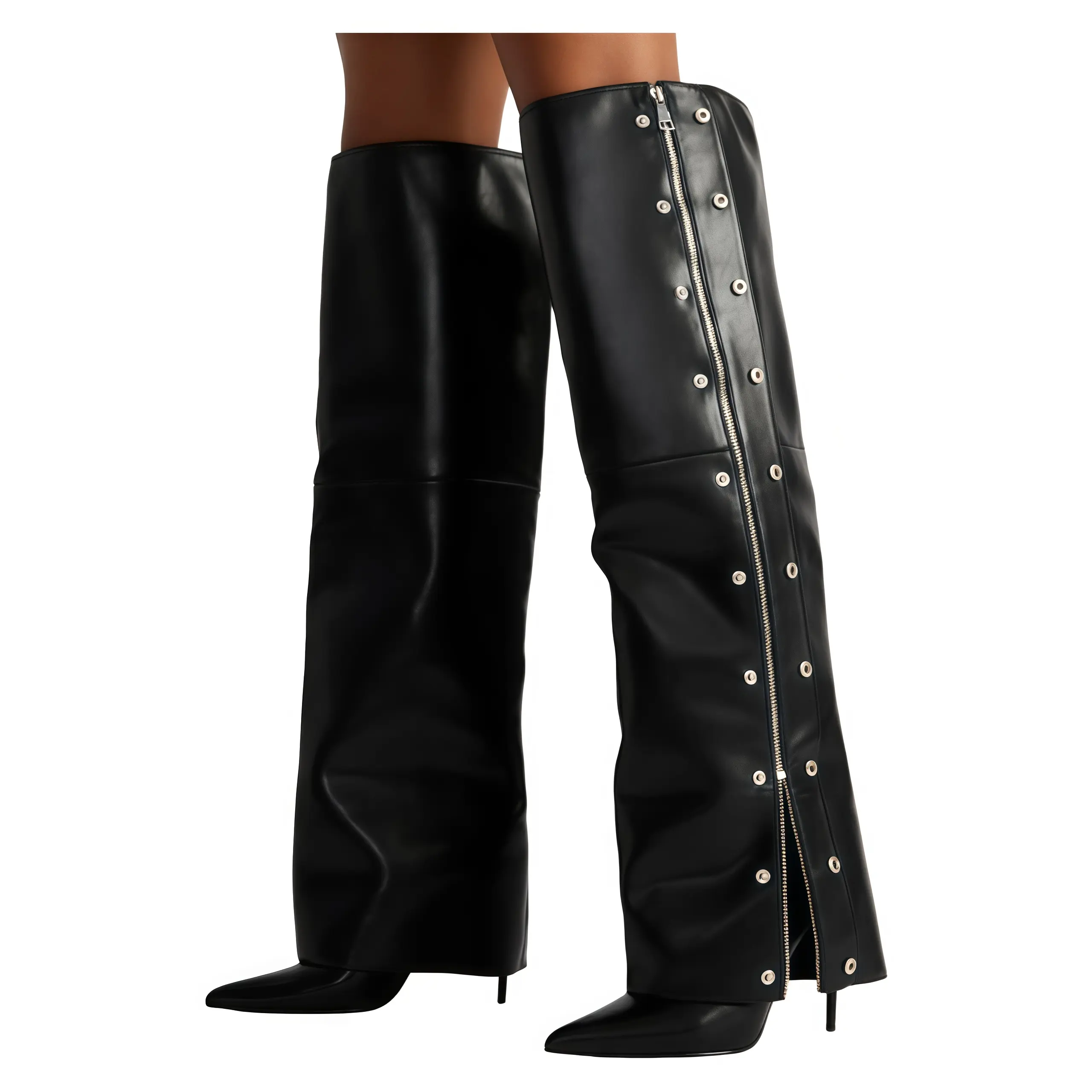 Women's Fashionable Knee-High PU Boots, Black Pointed-Toe High-Heeled Fold-Over Shoe with Side Slits, Studs & Elegant Footwear Design