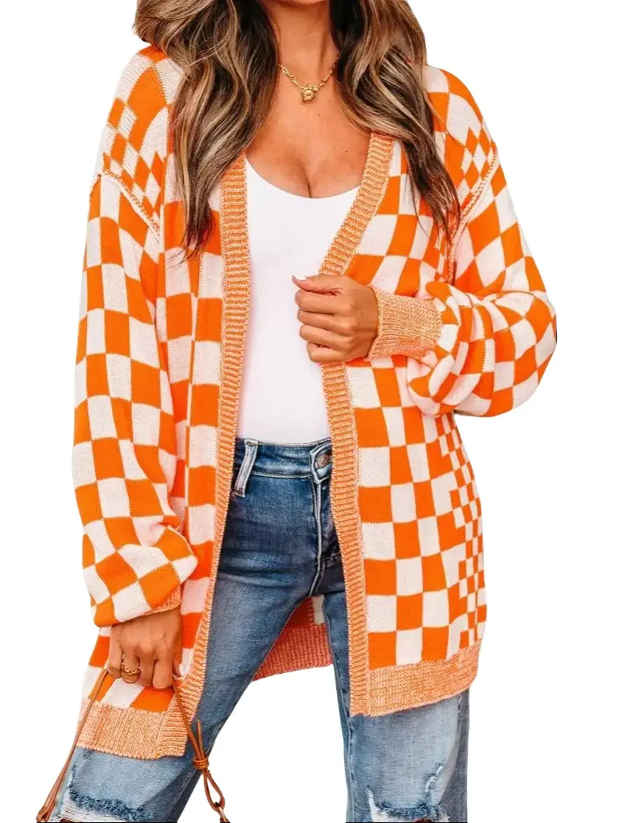 PHEFEE Women's Checkered Cardigan Sweaters Open Front Long Sleeve Drop Shoulder Knit Plaid Outerwear Casual Basic
