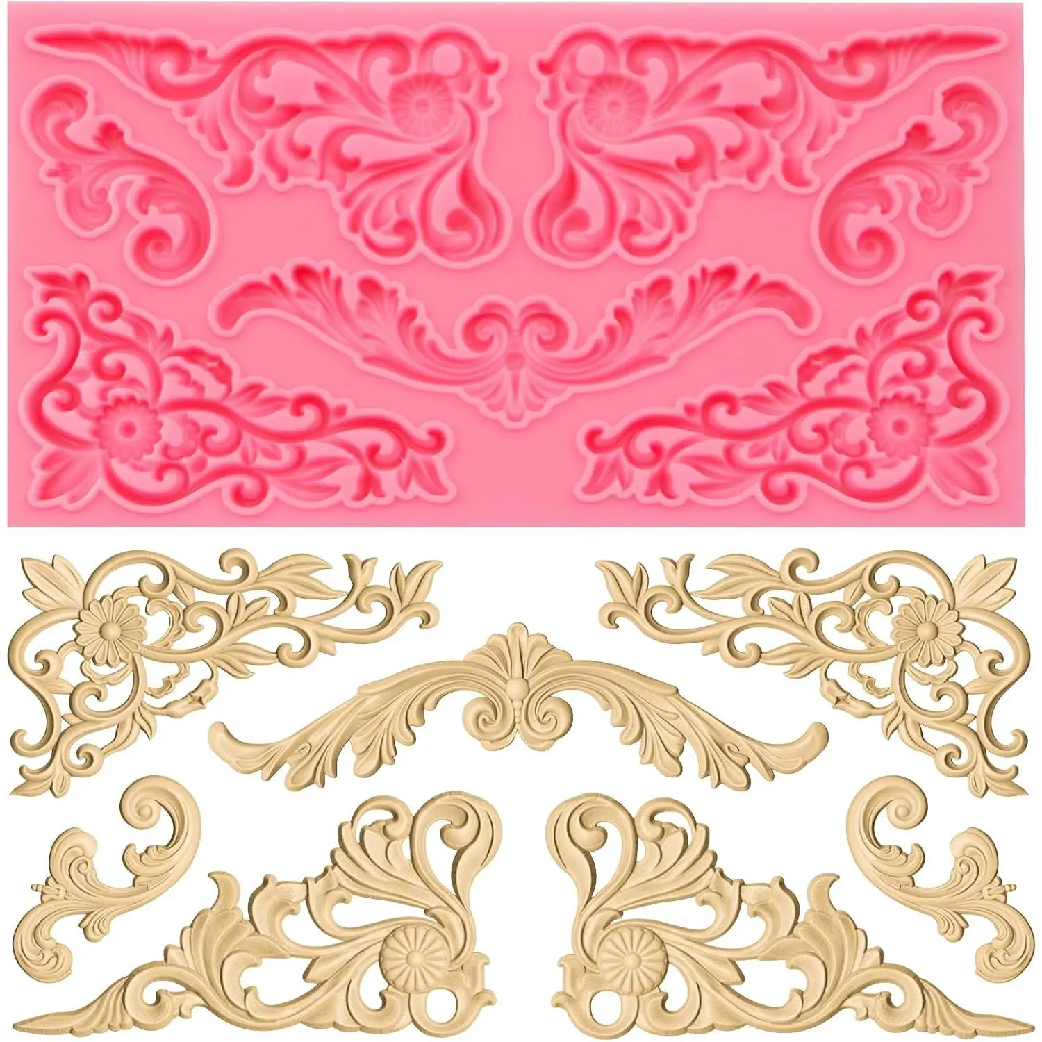 Curlicues  Molds, Baroque Style Corner   Molds, Filigree Scroll Flower Sculpted Cake Border Fondant Baking Molds for Cake Decoration Candy Clay