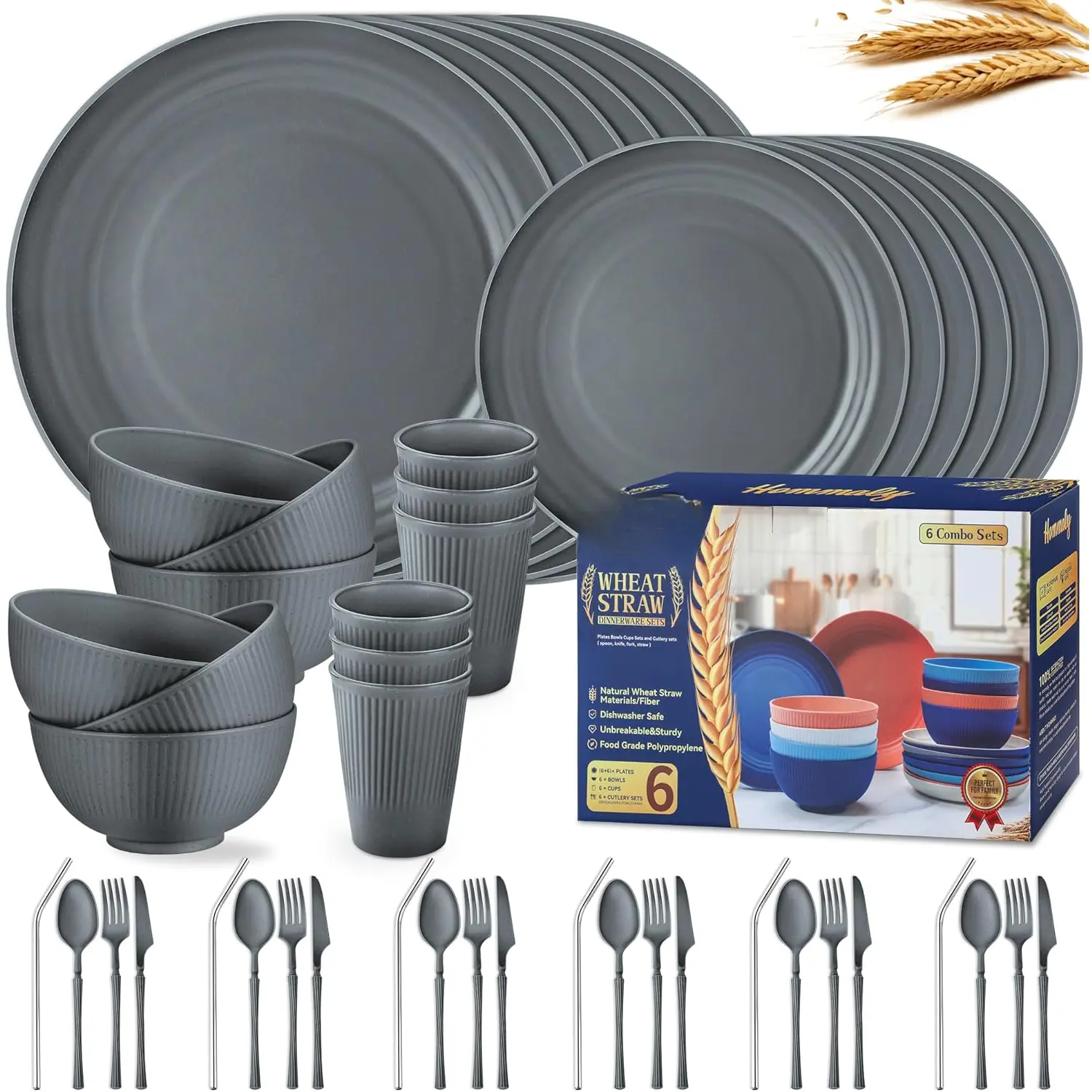 Wheat Straw Dinnerware Sets,48- Plates and Bowls Sets for 6-Unbreakable, Plastic Dish Set-Dinner Plate/Dessert Plate/Cereal Bowl/Cup/Utensils-Microwavable Dishwasher Safe 48P-Deep Gray