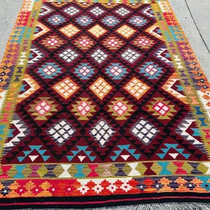 Afghan Kilim Magic Handwoven Rug 9.6’x6.3’ ft - Bold Diamond Pattern in Rich Hues of Burgundy Emerald Saffron Ivory Turquoise - Eco-Friendly Natural Wool & Dyes - Durable Flatweave Reversible Low-Maintenance