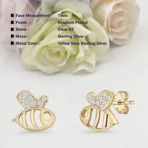 7mm Cluster Bumblebee Stud Earrings Push Back CZ 925 Sterling Silver Women Round Earring