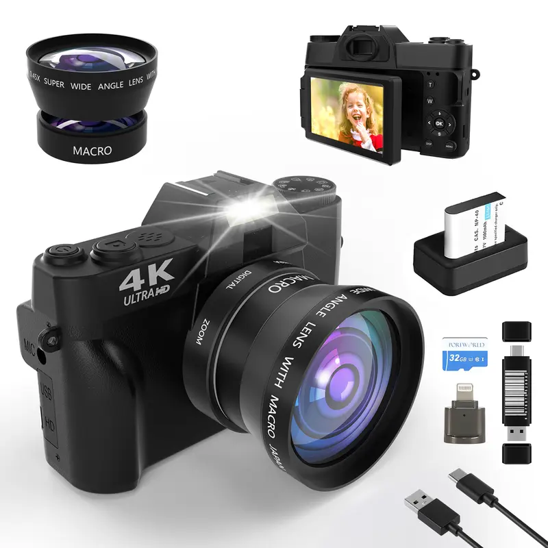 Compact Point & Shoot Digital Vlogging Camera - 180° Flip LCD Screen, 32G TF Card, 2 Rechargeable Batteries, Automatic & Manual Modes, ISO100-ISO6400, MP4 File Support, Ideal Birthday Gift for Students (techvibes)