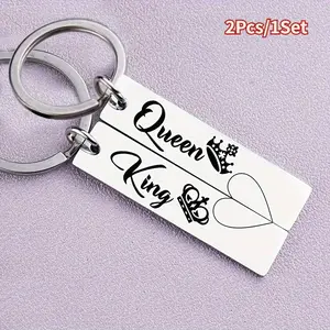 2pcs Creative King & Queen Keychain Set, Stainless Steel Couple Pendant, Crown Pattern Ornament for Couples