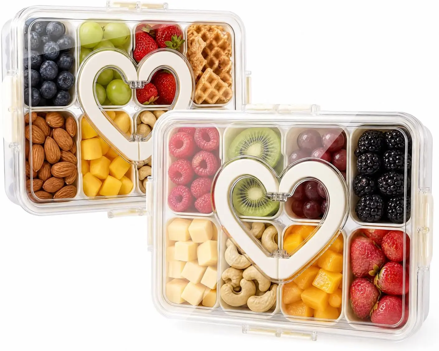 Snackle Box Container with Leakproof Lid and Handle, 8 Compartment Divided Serving Tray with Removable Containers, Spill-Proof Portable Snack Tray for Kids Snacks, Fruit, Candy, Nuts, Picnic & Parties