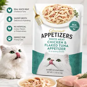 Lickable Wet Cat Food Topper, Grain Free White Meat Chicken & Flaked Tuna Appetizer for Cats, Savory Broth Cat Treats, 1.1 oz Trays Pack of 10