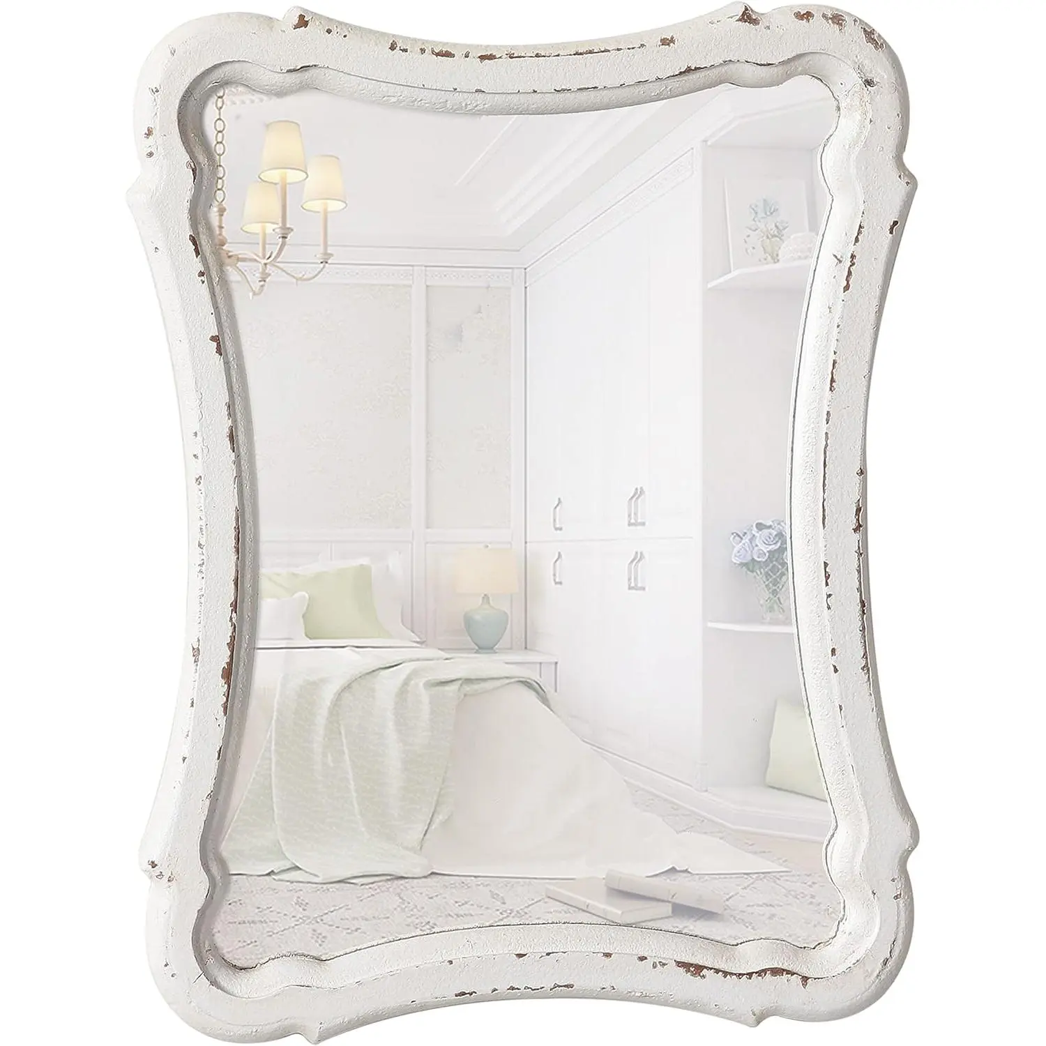 Rustic Wood Framed Small Wall Mirror Decor 12 x 9 inches, Handmade Distressed White Vintage Decorative Mirror, Farmhouse Bathroom Mirrors for Vanity, Hangi
