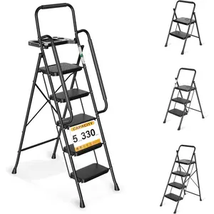 Step Ladder, Folding Step Stool with Wide Anti-Slip Pedals, Sturdy Steel Ladder with Handrail, Space-Saving, Portable for  & Adults, 5 Step Ladder